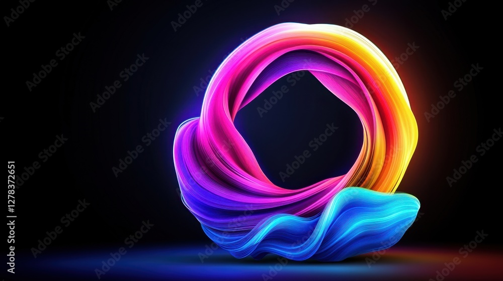 Poster vector abstract circles lines wavy in round frame colorful spectrum light isolated on black backgrou
