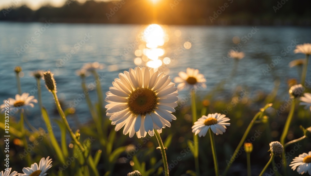 Poster daisy flower illuminated by sunset with shimmering water reflection in the background creating a tra