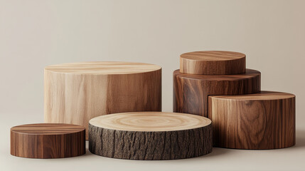 Wooden podium - 3d realistic vector illustration set of various product stands with wood texture. Natural platform or pedestal for goods display. Mockup of brown stage for cosmetic production showcase