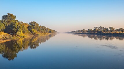 Fototapeta premium A calm stretch of the Niger River at sunrise, with reflections of the sky on the water. Copy space.