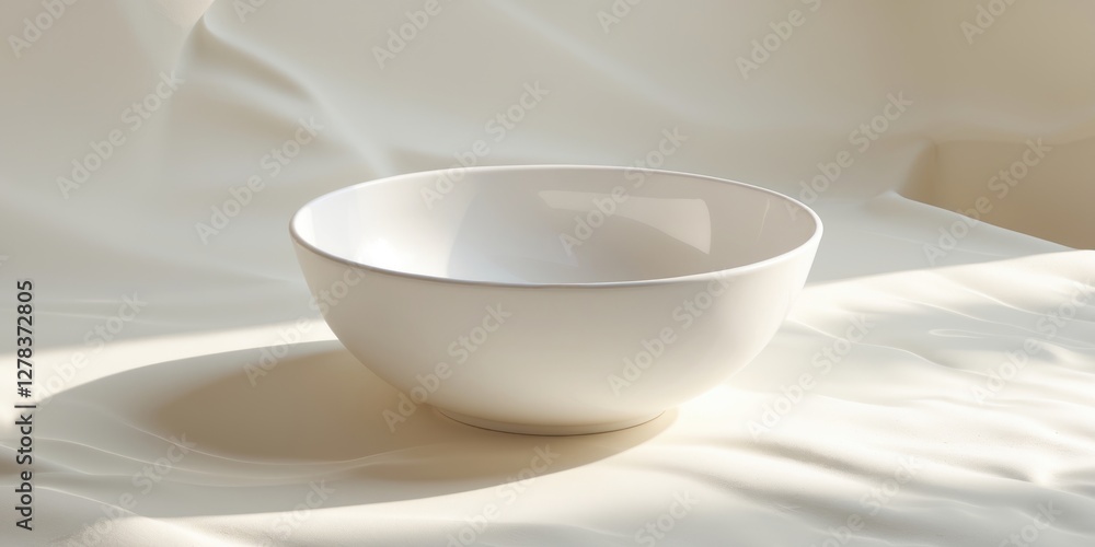 Poster minimalist white bowl for desserts on soft fabric surface with copy space for text or branding in na
