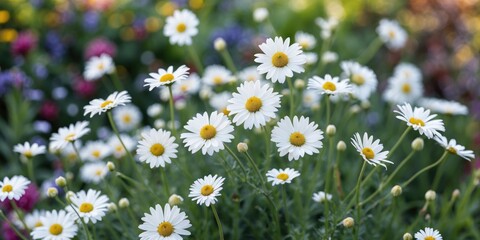 Fototapeta premium White English Daisies in Bloom Against a Blurred Garden Background with Ample Space for Text Overlays