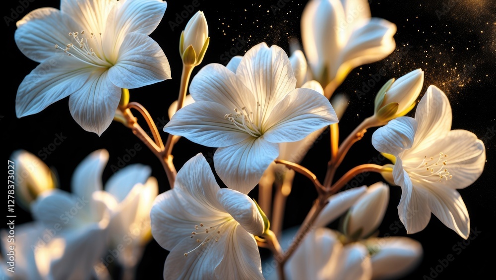Poster elegant white flowers in macro detail with dark background and space for text caption or overlay des