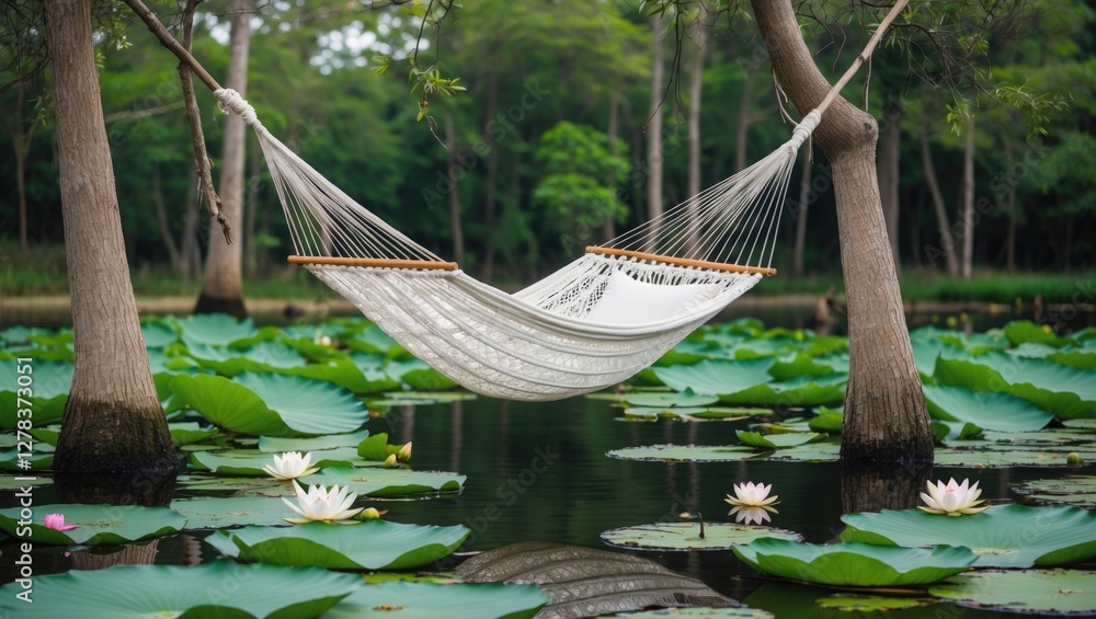 Poster serene white hammock nestled between trees over lily pad covered water with space for text ideal for