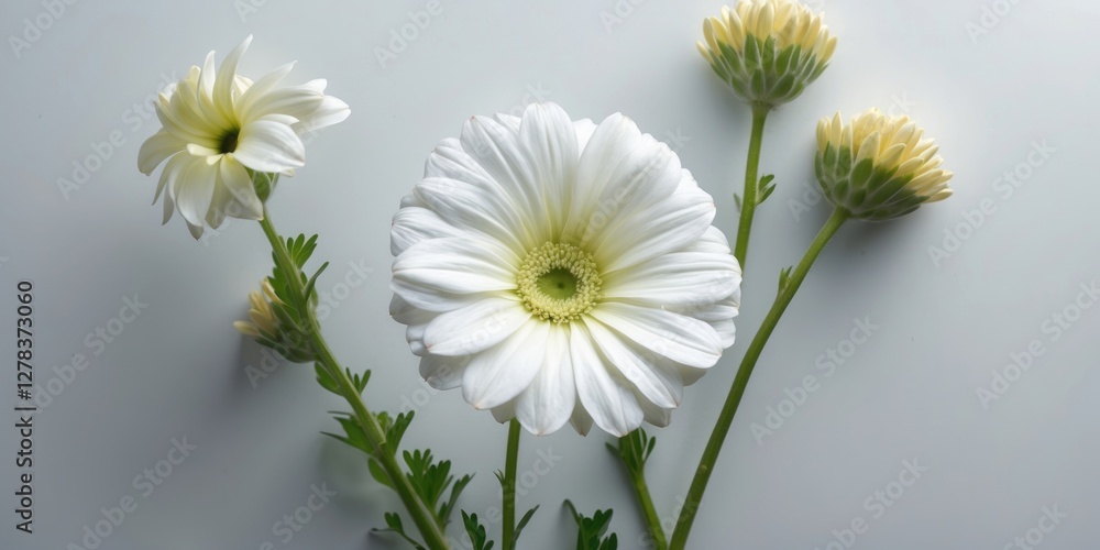Poster elegant white gerbera flowers with fresh green stems and empty space for text or branding on a soft 