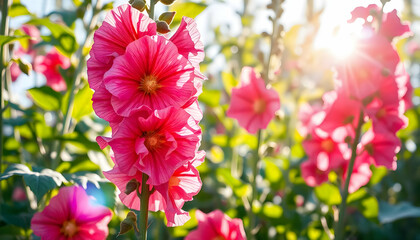Fototapeta premium Radiant pink hollyhocks bathing in the golden glow of a summer afternoon