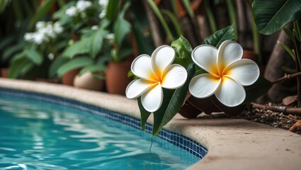 Fototapeta premium Frangipani Flowers in Lush Greenery by Crystal Clear Swimming Pool