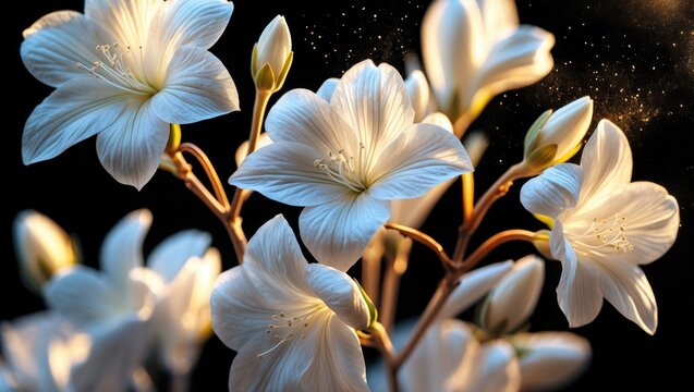 Elegant White Flowers in Macro Detail with Dark Background and Space for Text Caption or Overlay Design