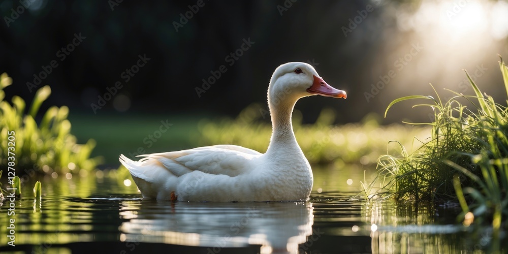 Poster elegant white muscovy duck swimming in morning light with lush greenery reflected in calm water and 