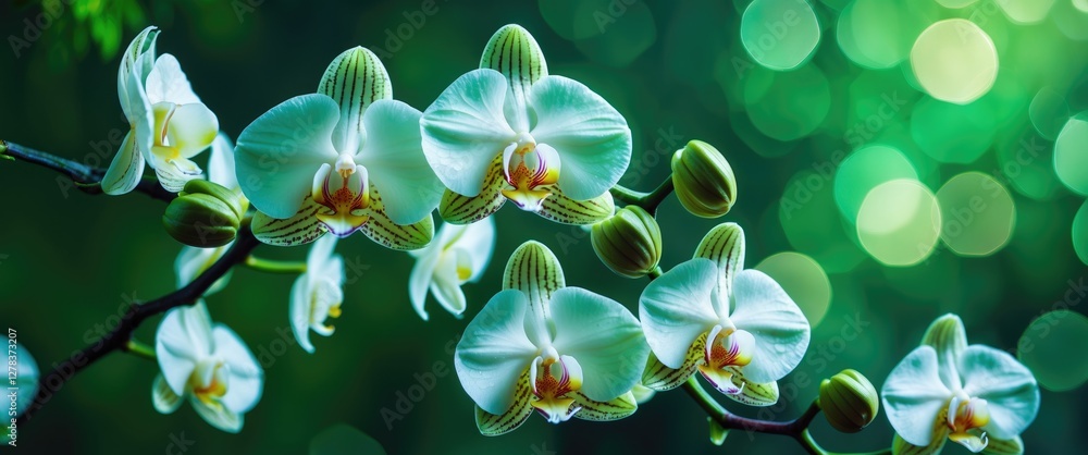 Poster elegant white moon orchids with soft green bokeh background in a serene botanical setting