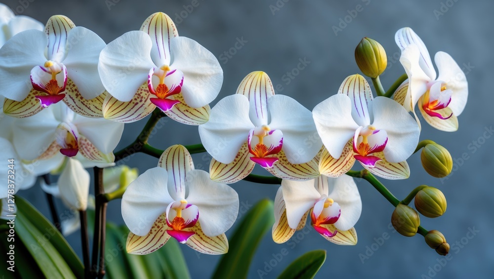 Poster elegant white moth orchids in full bloom with vibrant details and ample empty space for text or desi