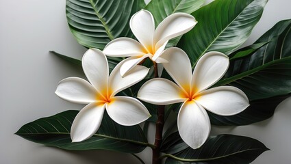 Fototapeta premium Elegant White Plumeria Flowers with Green Leaves on Soft Background Perfect for Tropical and Nature Themes.