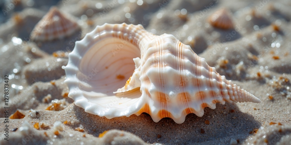 Poster closeup of a white seashell resting on sandy beach with clear copy space for text and soft blurred b