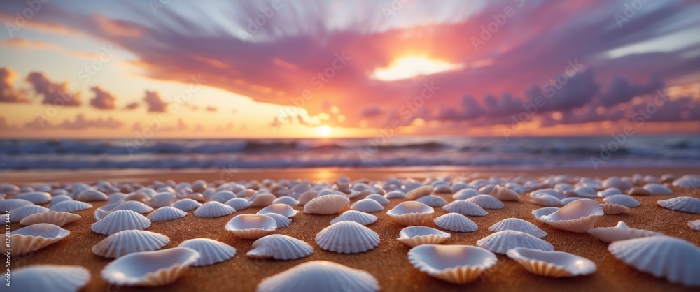 Poster sunset over the beach with white shells creating a serene atmosphere and available space for text or
