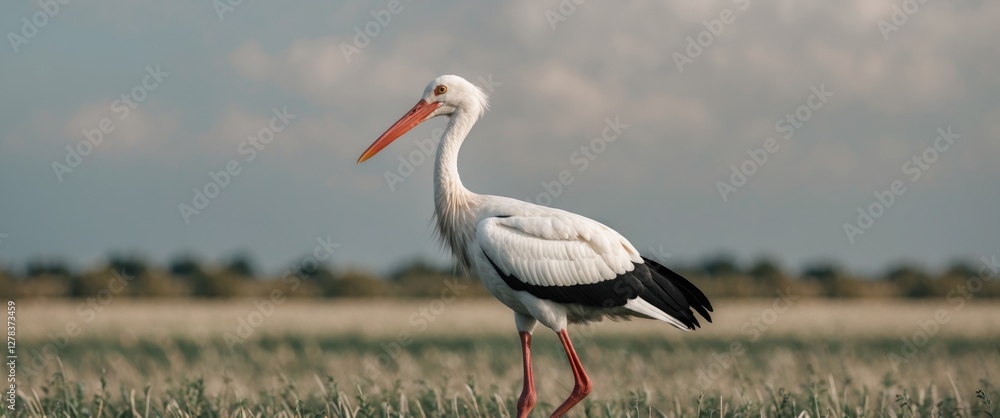 Aufkleber white stork walking in a green field with open sky background perfect for nature themes and text ove