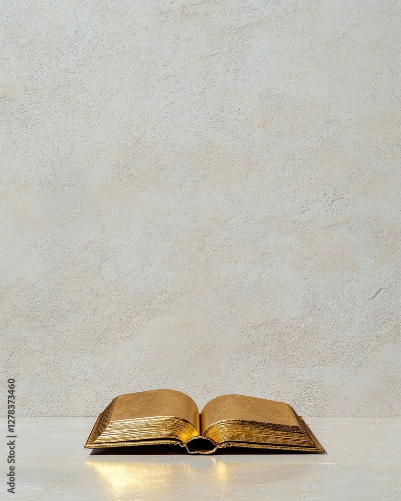 Poster exploring ancient wisdom in an open golden book minimalist studio setting literature warm atmosphere