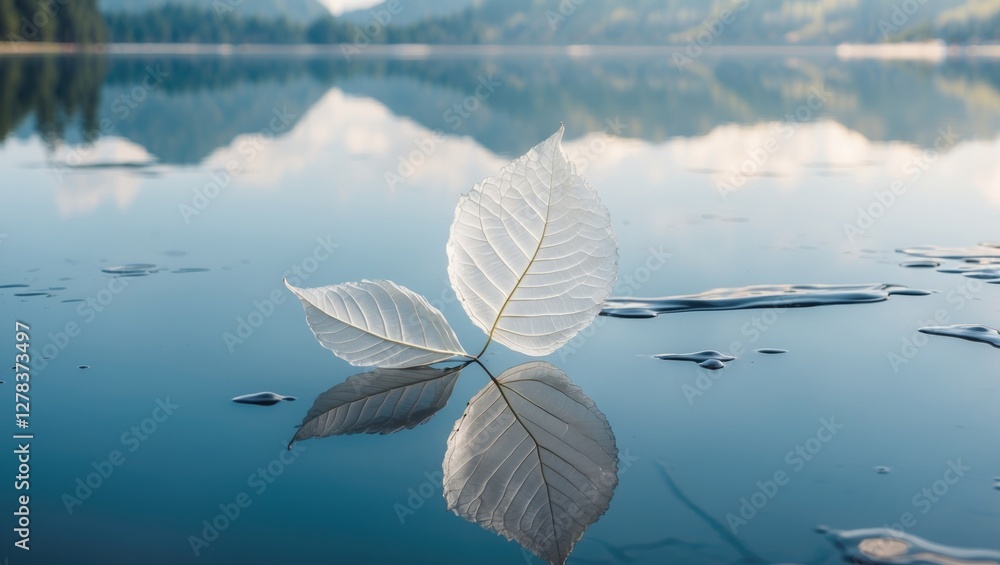 Aufkleber transparent white leaf floating on calm lake surface with reflections of mountains and sky creating 