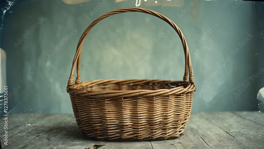 Poster empty wicker basket on wooden table with isolated background and space for text or graphic elements