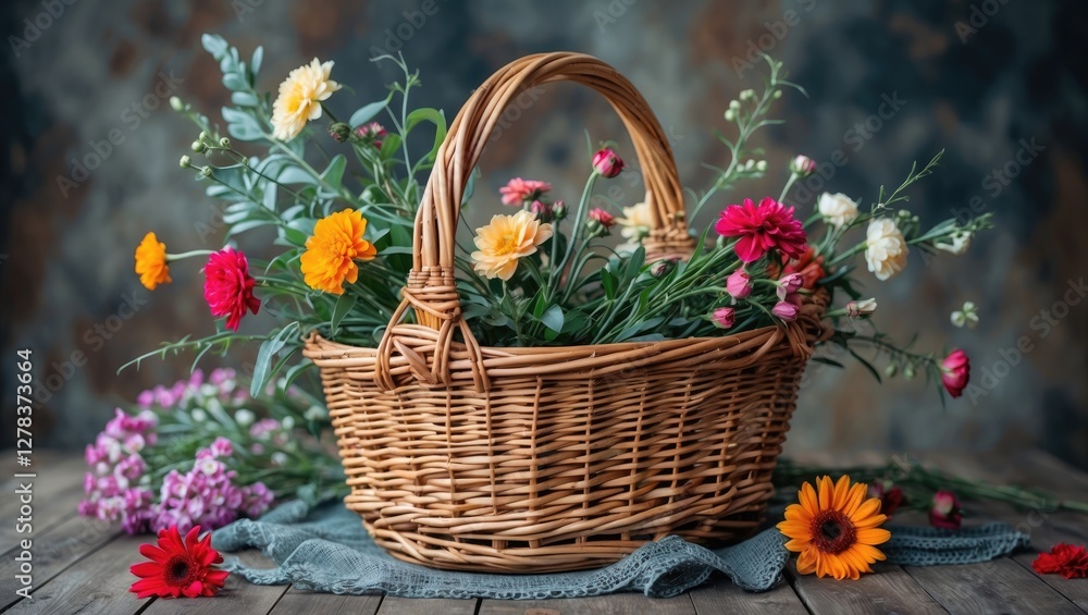 Aufkleber wicker basket adorned with vibrant flowers on rustic wooden table with empty space for text and a bl
