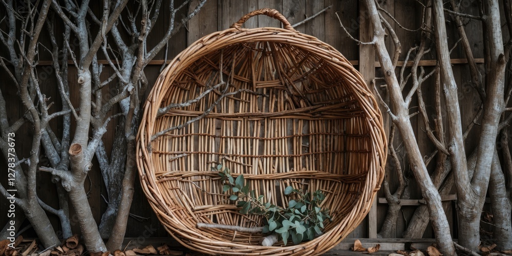Poster wicker basket against a rustic wooden wall with branches and empty space for text or design elements