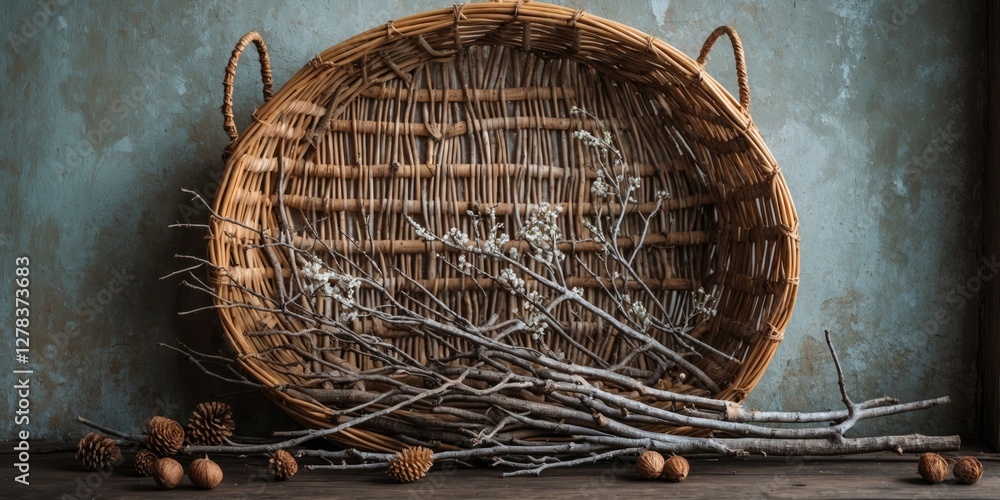 Aufkleber wicker basket with twigs and natural elements on rustic background ideal for text overlay and season