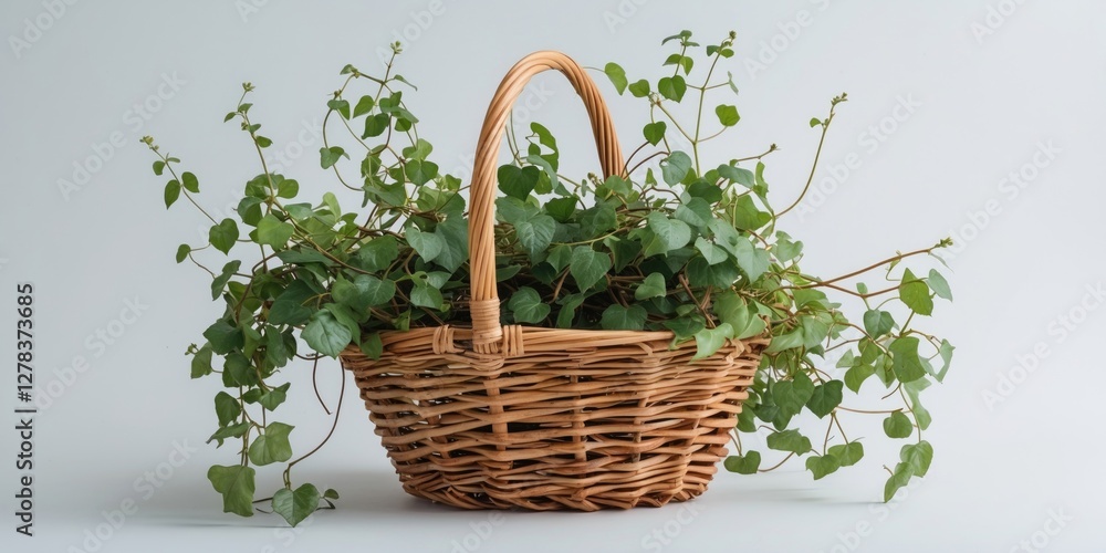 Poster wicker basket filled with green vines on white background creating a serene and minimalistic space f