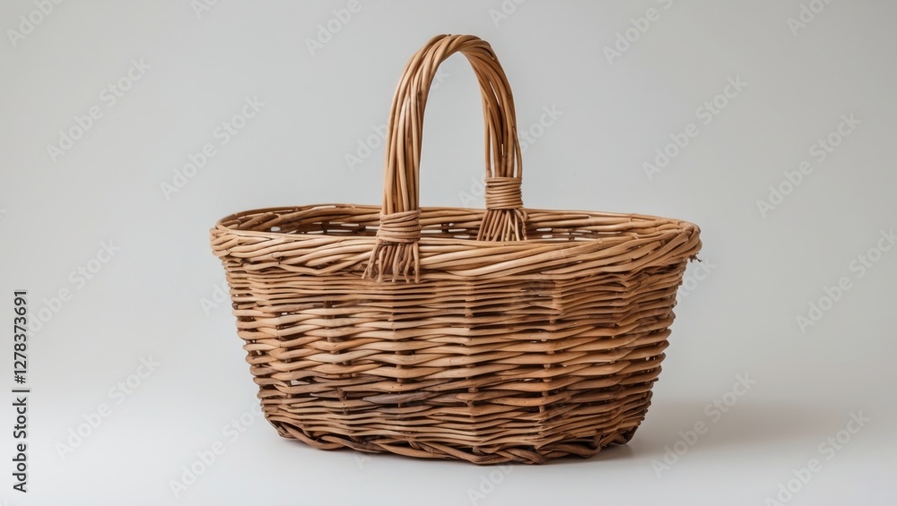 Poster wicker basket with long handle on light background with empty space for text ideal for product displ