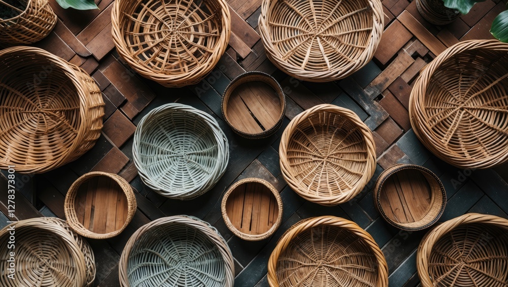 Poster top view of assorted vintage wicker baskets on wooden background creating a rustic and natural aesth