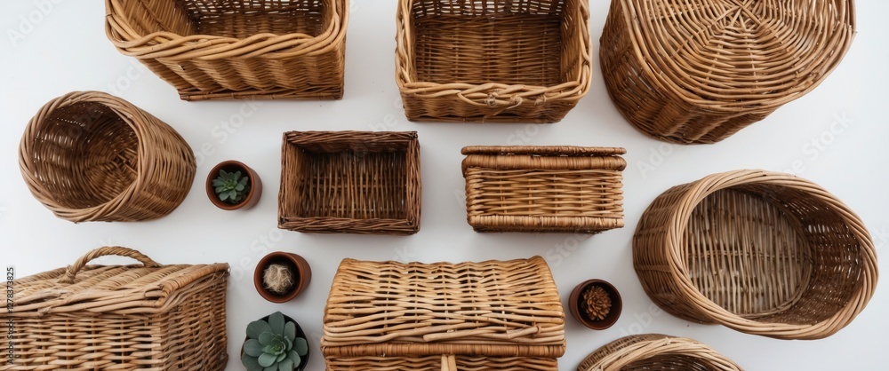 Poster collection of assorted wicker baskets arranged on a white background showcasing various shapes and s