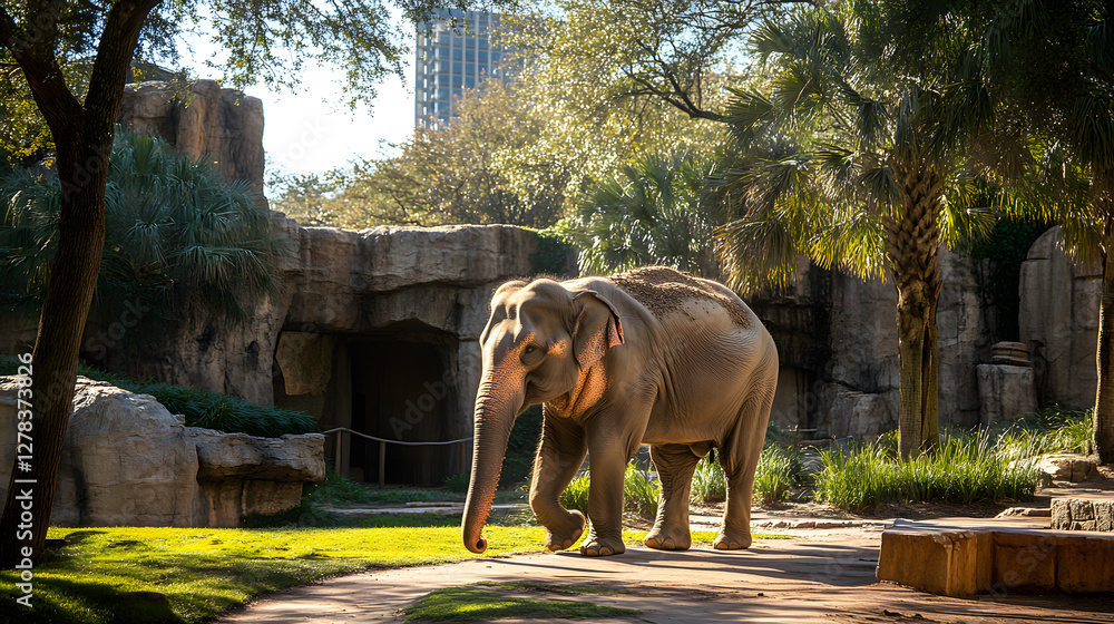 Poster elephant walking through a lush, green habitat in a zoo setting