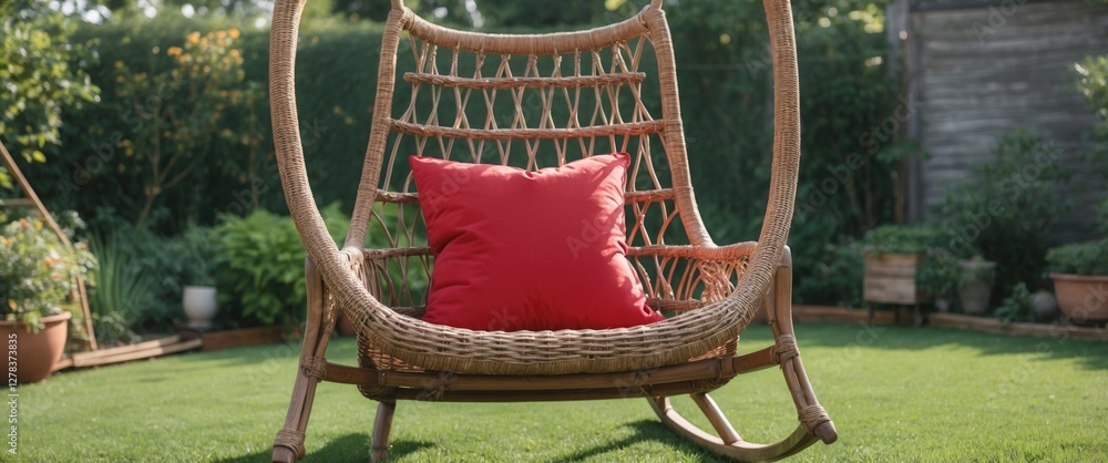 Aufkleber wicker rocking chair with red pillow in a tranquil garden setting providing empty space for creative