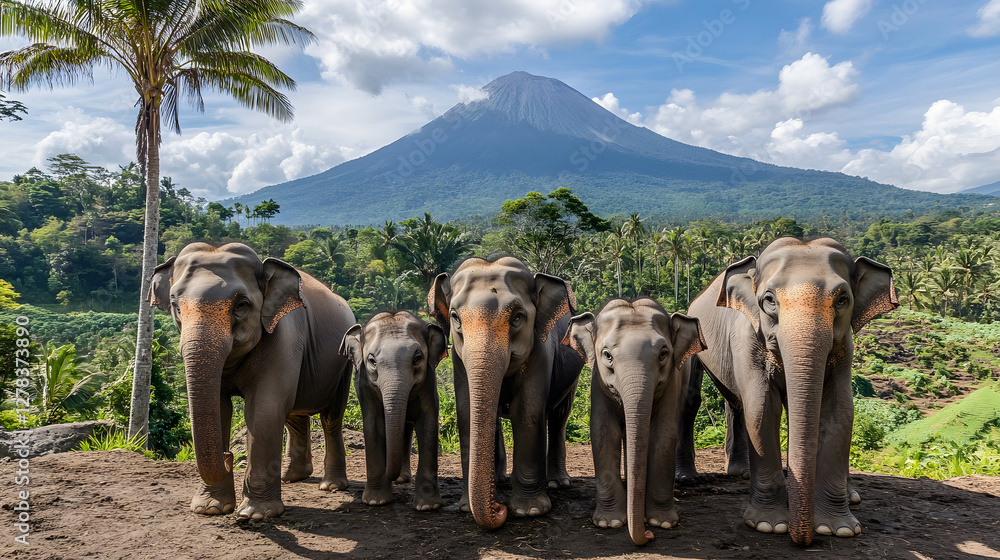 Poster five elephants in front of a mountain and lush greenery