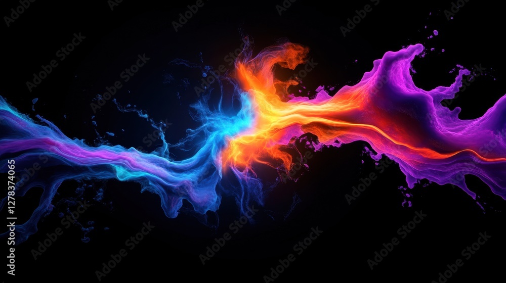 Poster abstract fractal network of orange and blue, fiery veins pulsating against a dark void.