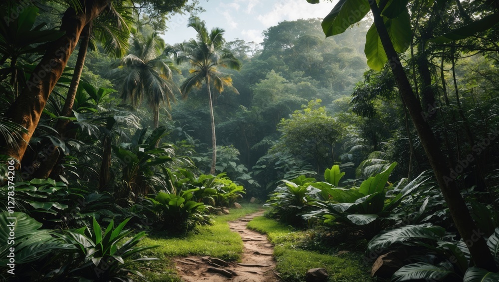 Poster lush tropical jungle pathway surrounded by greenery with space for custom text additions
