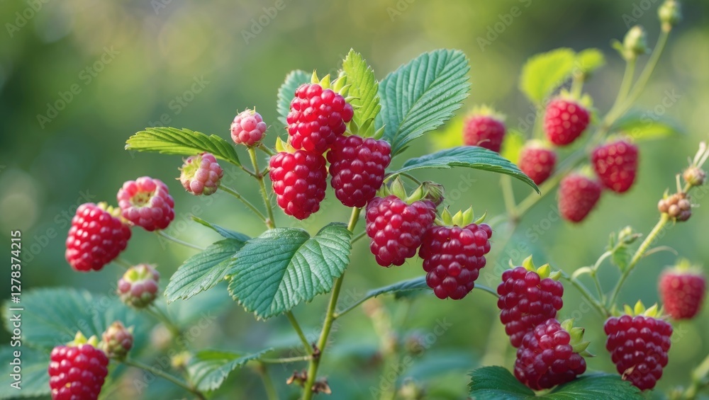 Poster vibrant wild raspberry bush with ripe berries in natural setting and clear space for text overlay