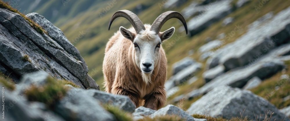 Aufkleber mountain goat in rocky terrain with natural background and empty space for text use in wildlife them