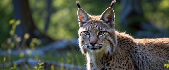 Fototapeta premium Lynx Staring Intently at Camera in Vibrant Summer Wilderness Showcasing Beautiful Fur and Unique Ear Tufts Encircled by Nature