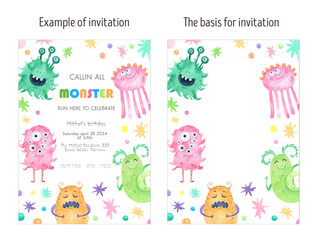 Watercolor funny monsters invitation card, layout. Design for birthday party, baby shower. Confetti, balloon, colorful aliens, party, celebration. Funny friends, emotions little monsters