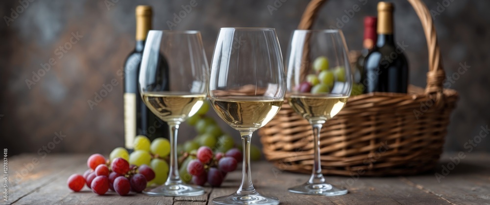 Poster Wine Glasses Surrounded By Grapes And A Basket With Bottles In The Background Ideal For Wine Themes And Text Placement