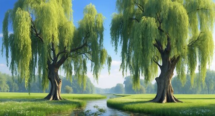 Willow Trees Beside a Serene Stream in Lush Spring Landscape with Vibrant Green Foliage and Calm Natural Environment