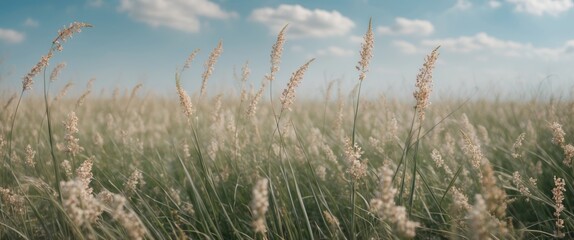 Fototapeta premium Gentle Wind Caressing Blooming Grass Field Under Blue Sky with Cloudscape and Space for Text or Design Elements