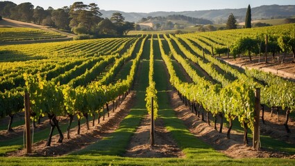 Vibrant vineyard landscape showcasing lush green rows of grapevines under a clear sky with rolling hills in the background.