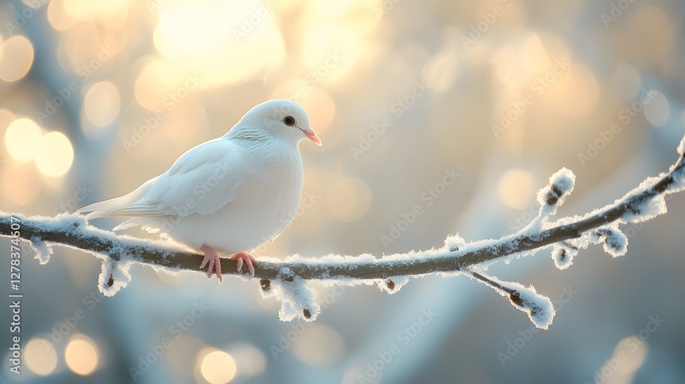 Poster a white bird perched on a frosty branch in a serene winter setting