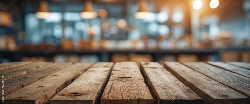 Poster wooden table surface with blurred background for product showcase and text placement in a modern int