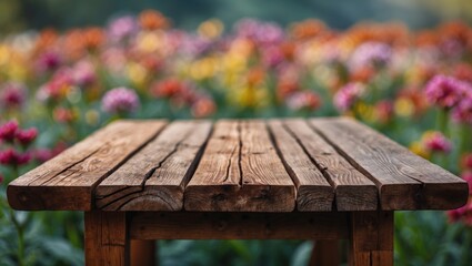 Rustic Wooden Tabletop Against Beautifully Blurred Floral Background in Nature Setting