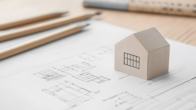 Model house on architectural plans with pencils in a workspace