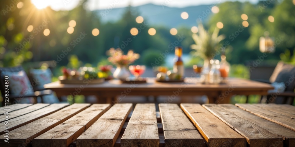 Poster wooden tabletop in vibrant outdoor setting with blurred background ideal for product display and cre