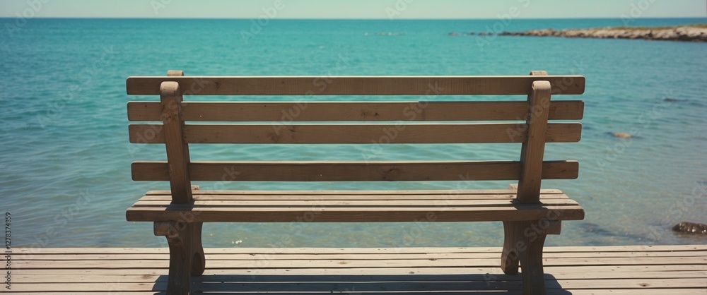Poster seaside wooden bench with calm waters ideal for relaxation and reflection with copy space for custom