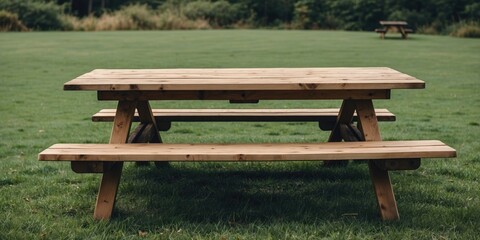 Wooden Picnic Table Surrounded By Green Grass Ideal For Outdoor Dining With Space For Text Overlay