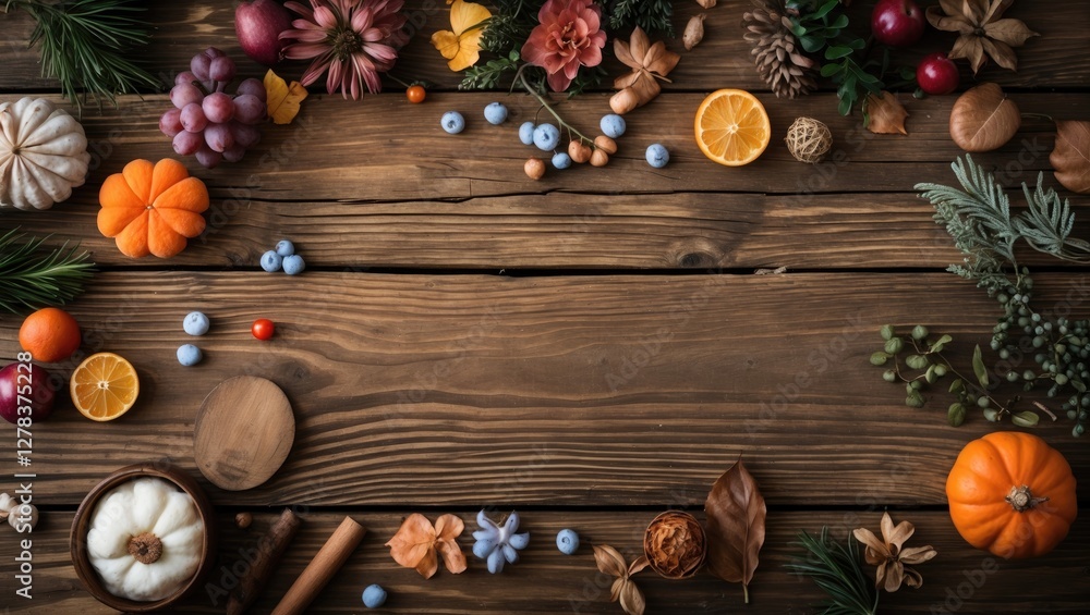 Poster rustic wooden table surrounded by colorful autumn decorations and fruits with blank space for text o